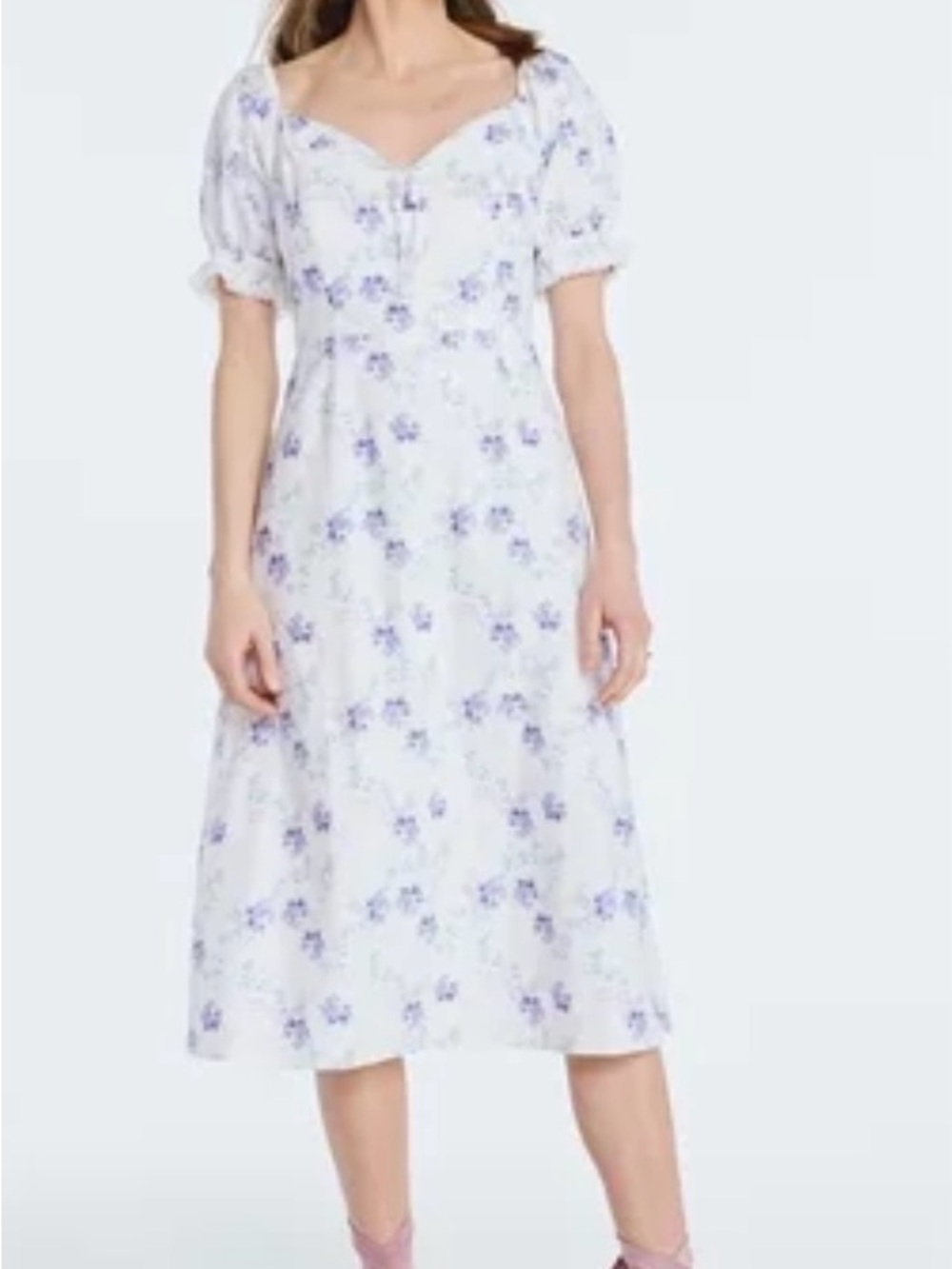 White Floral Puff-Sleeve Midi Dress - Lavender Print